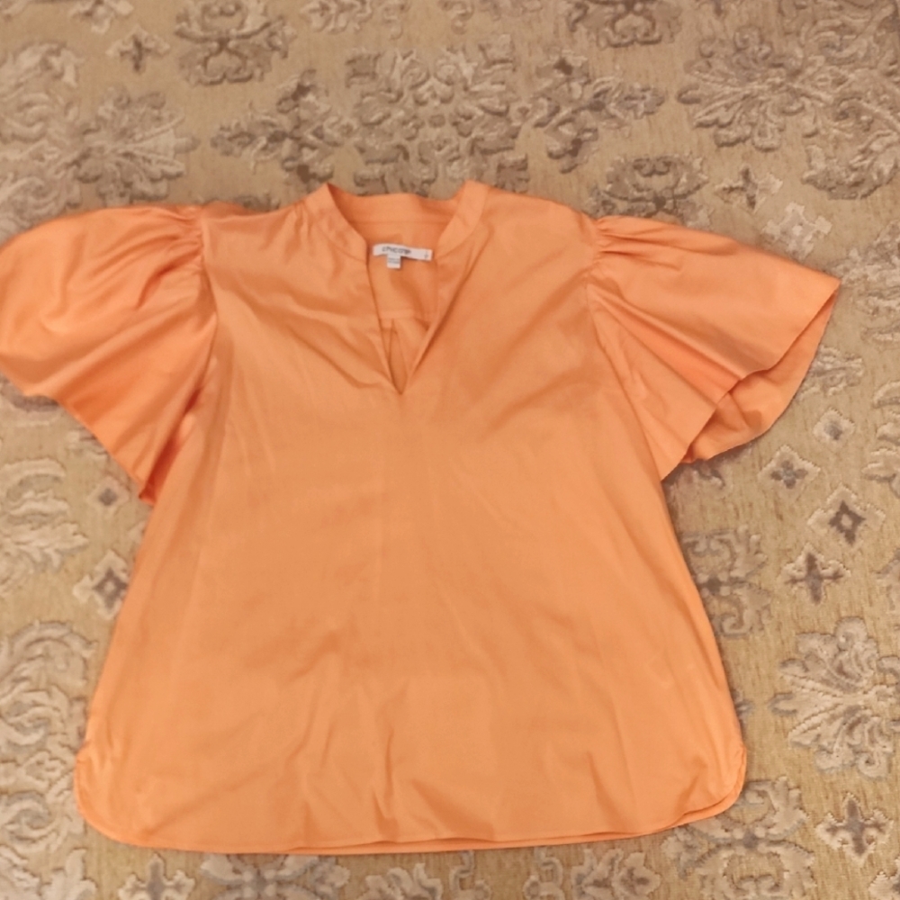 Chico's Soft Tangerine Puff Short Sleeve Poplin Shirt, Chico's size 1 (US sz 8)